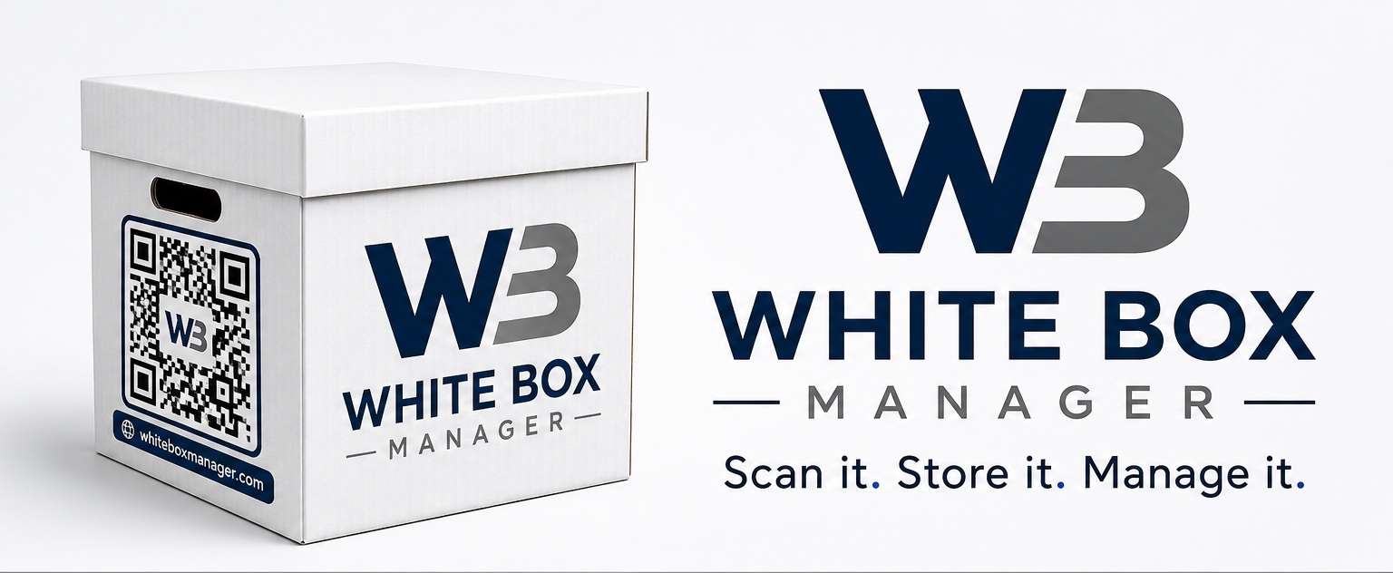 Approved WhiteBoxManager brand board with QR-coded white storage box
